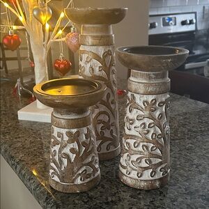 Rustic Brown and White Candle Holder Set